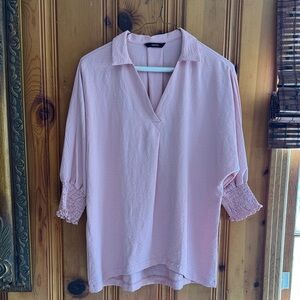 Chic Light Pink Blouse with Smocked Sleeves